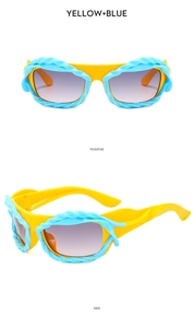 Y2K irregular cyber sunglasses in yellow and blue with woven frame detail, dual angle views