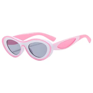Y2K oval two-tone pink and white sunglasses with leaf accents and gray lenses