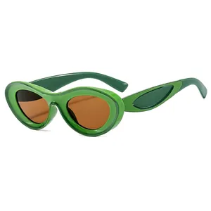 Y2K oval sunglasses with neon green frame, wide temples and brown lenses on white background