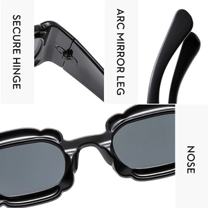 Detail view of wave sunglasses showing secure hinges and ergonomic curved temple arms