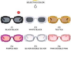 Showcase of wavy irregular petal frame sunglasses in six vibrant candy color options