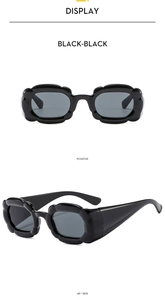 Detailed front and 45-degree side views of black flower-shaped wavy frame sunglasses