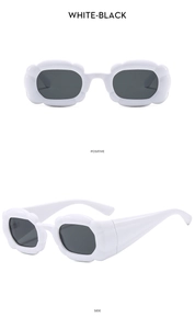 Front and side views of white flower-shaped sunglasses with black lenses in a dual layout