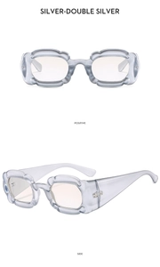 Detailed front and side views of silver flower-petal wavy sunglasses in candy colors