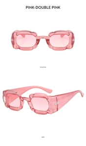 Front and side views of pink petal-shaped sunglasses with wavy frames and matte finish