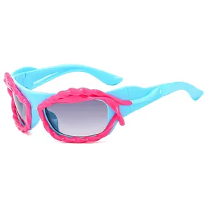 Y2K cyberpunk irregular sky blue sunglasses with pink rope texture on white background