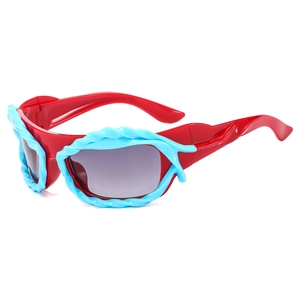 Y2K irregular cyberpunk sunglasses with red frames and blue spiral wavy decorative elements
