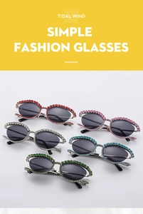 Detail of luxury rhinestone-studded cat eye sunglasses in various vibrant colors