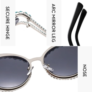 Detail of luxury rhinestone cat-eye sunglasses featuring secure hinges and arc mirror legs