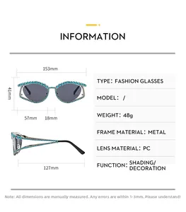 Detailed size chart for rhinestone cat eye sunglasses with metal frame and PC lenses