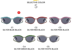 Selective view of five luxury rhinestone cat-eye sunglasses in various colors