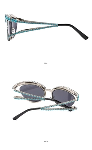 Detailed side and back views of silver cat-eye sunglasses with light blue rhinestones