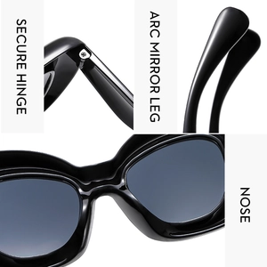 Détails des charnières métalliques et des branches incurvées des lunettes Y2K