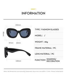 Tableau des tailles détaillé pour lunettes de soleil Y2K avec dimensions de la monture