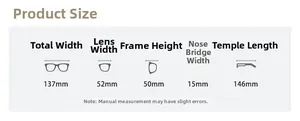 Detailed size chart for TR90 blue light blocking glasses with frame measurements in mm
