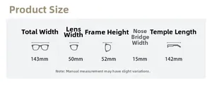 Size chart showing 143mm frame width and 52mm height for TR90 eyeglasses