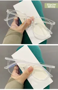 Detail of transparent ice white TR90 large square frame glasses with anti-blue light lens