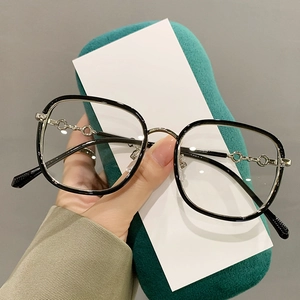 Elegant black TR90 oversized blue light glasses with stylish silver chain temple detail