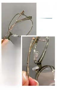Macro detail of TR90 square eyeglasses frame with metal hinges and soft nose pads
