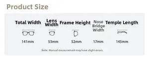 Size guide with dimensions for TR90 blue light glasses frame showing width and temple length