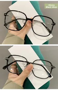 Detail of square TR90 eyeglass frame in shiny black and silver metal temple design