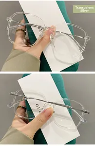 Detail of transparent silver TR90 glasses frame showing metal hinges and sleek temples