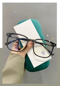Detailed shot of TR90 glasses frame showing anti-blue light lens and metal hinge cross