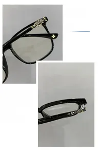 Detail of TR90 black square glasses frame featuring gold floral metal temple accents