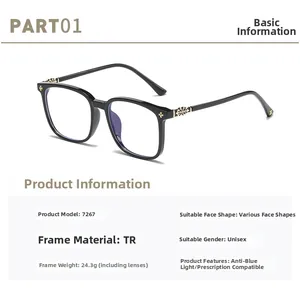 Detailed specs of black TR90 frames with golden cross accents and anti-blue light lenses