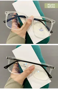 Detail of matte white TR90 glasses frame with silver floral carved metal temples