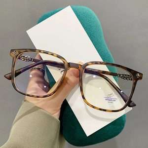 TR90 square leopard print blue light blocking glasses with chrome floral metal accents