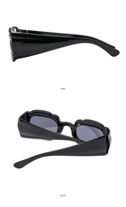 Vues détaillées latérale et arrière des lunettes de soleil noires à bords ondulés