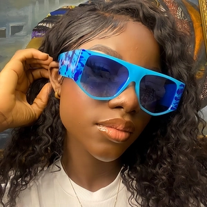 Oversize blue flat top shield sunglasses with marble pattern temples for trendy women