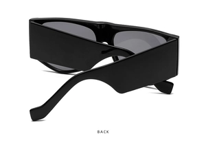 Rear view of trendy oversized sunglasses featuring thick geometric temples in black