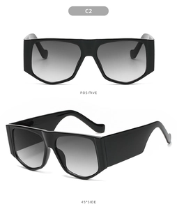 Front and 45-degree side view of chunky black oversized sunglasses with gradient lenses