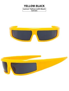 Front and side view of Y2K futuristic sports sunglasses in lemon yellow with dark gray lenses