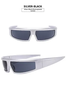 Detail view of futuristic Y2K cyberpunk cycling sunglasses in silver and black