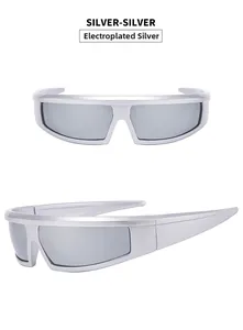 Silver Y2K sports sunglasses with futuristic electroplated mercury mirrored wrap lens