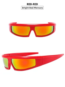 Front and side view of red Y2K sporty wraparound sunglasses with orange mirror lenses