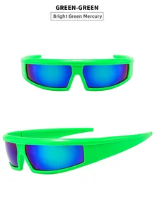 Detail of Y2K sporty sunglasses with bright green frame and purple mirror lenses