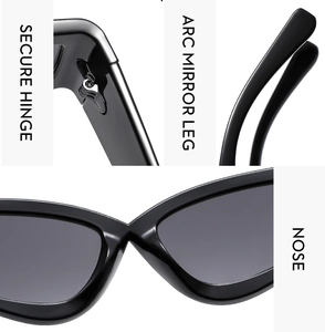 Dettaglio occhiali da sole cat-eye con cerniere in metallo e stanghette curve