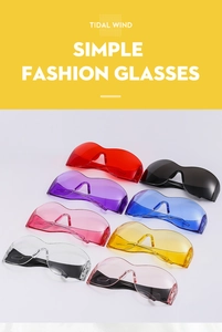 Detailed collection of Y2K futuristic sunglasses in eight vibrant colors with rimless lenses