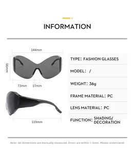 Detailed size specifications for futuristic Y2K wrap around oversized sunglasses