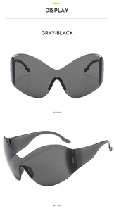 Front and 45-degree side view of gray-black wrap-around Y2K futuristic shield sunglasses