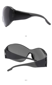 Side and back views of black Y2K wraparound sunglasses with futuristic cyber style