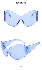 Futuristic blue butterfly frame oversized wrap sunglasses showing front and side views