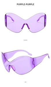 Detailed front and side views of purple futuristic Y2K shield wrap sunglasses