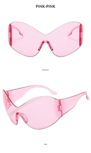 Detailed front and side views of pink Y2K futuristic wrap-around sunglasses
