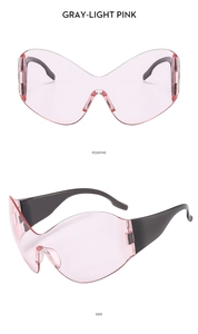 Front and side view of futuristic Y2K butterfly wrap-around sunglasses in gray and light pink