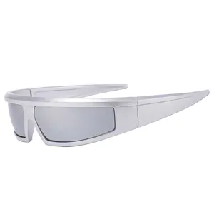 Y2K futuristic silver wraparound sunglasses with mirrored lenses for cycling and sports